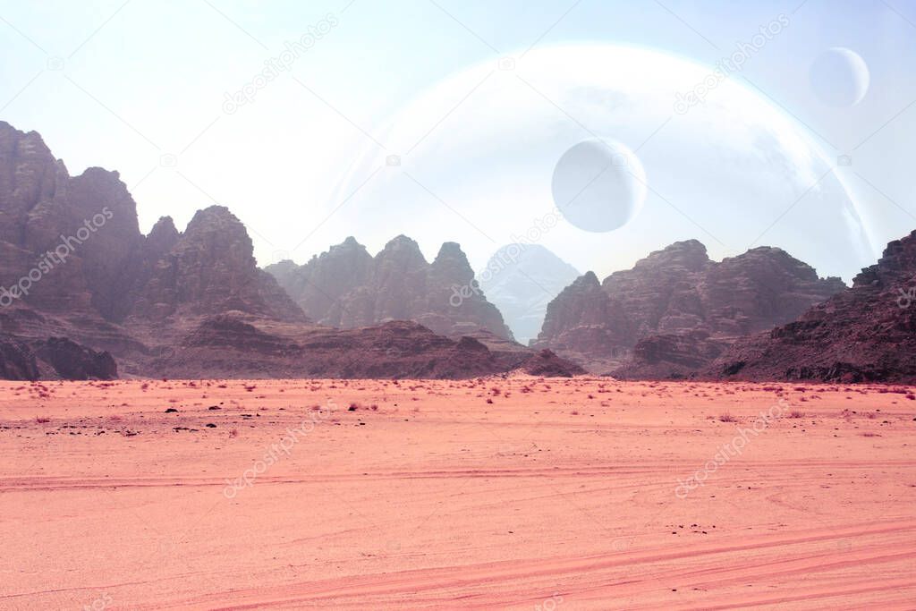 Fantastic landscape with sand desert, rock and planets in sky. 3d render. Elements of this image furnished by NASA