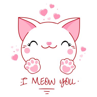 Kawaii tarzında şirin bir sevgililer günü kartı. Pembe kalpli sevimli bir kedi. Yazıt miyavlıyorum. Tişört baskısı, çıkartma, tebrik kartı tasarımı için kullanılabilir. Vektör illüstrasyonu EPS8