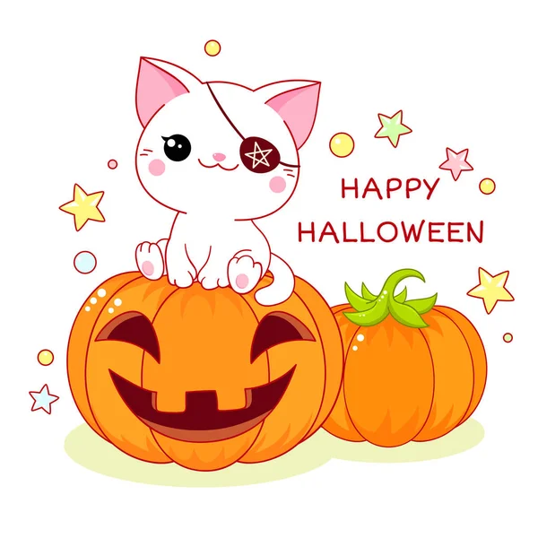 Feliz Halloween Tarjeta Felicitación Halloween Con Gato Kawaii Calabaza — Vector de stock