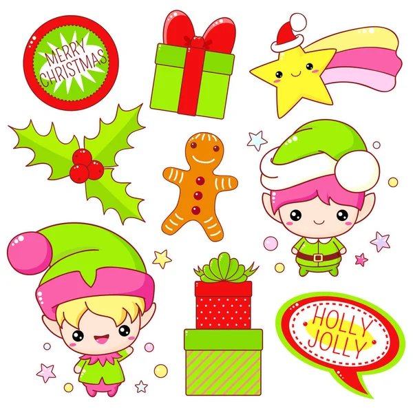 Ensemble Icônes Joyeux Noël Dans Style Kawaii Elfe Mignon Coffrets — Image vectorielle