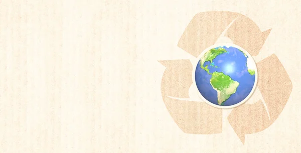 Föld Bolygó Nyilak Újrahasznosítani Szimbólum Csíkos Karton Textúra Vízszintes Transzparens — Stock Fotó