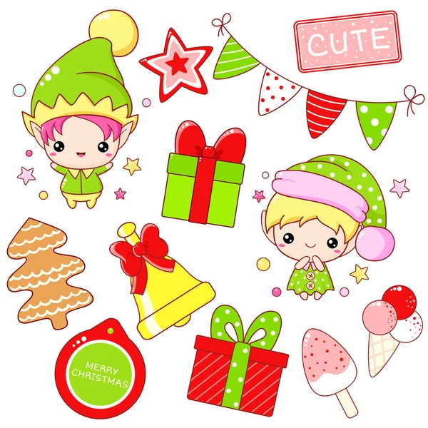 Conjunto Ícones Dia Feliz Natal Estilo Kawaii — Vetor de Stock