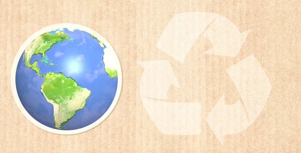 Aarde Planeet Pijlen Recyclen Symbool Gestreept Karton Textuur Horizontale Banner — Stockfoto