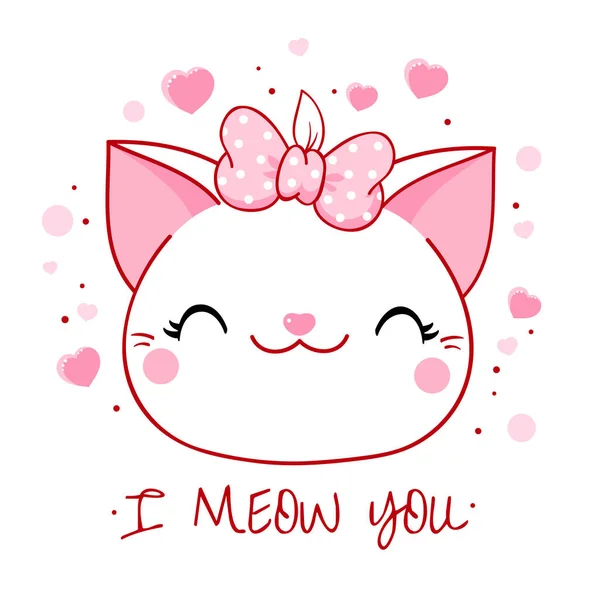 Roztomilá Valentýnská Karta Stylu Kawaii Krásná Kočka Růžovou Mašlí Srdcem — Stockový vektor