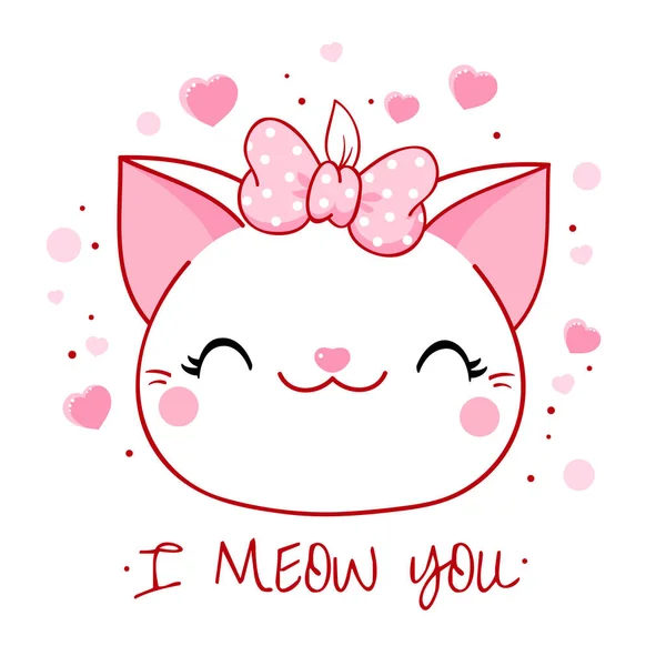 Linda Tarjeta San Valentín Estilo Kawaii Precioso Gato Con Lazo — Vector de stock