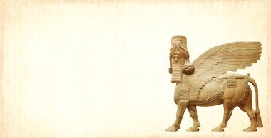 Kağıt desenli Grunge arkaplan ve lamassu - insan başlı kanatlı boğa. Asur 'un koruyucu tanrısı olan yatay bayrak. Uzayı metin için kopyala. Şablonu düzenle