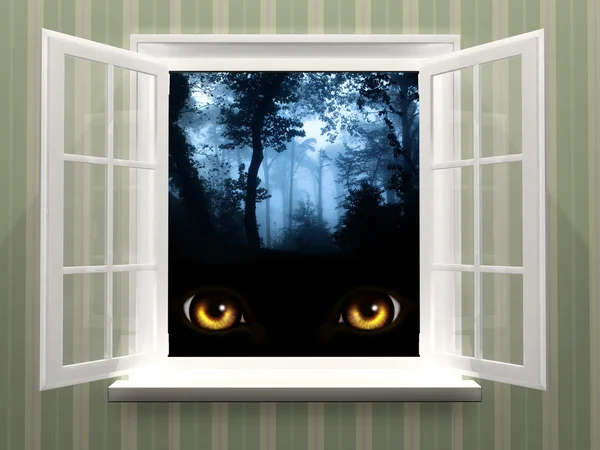 Eyes of monster  in open window — Stock Photo, Image