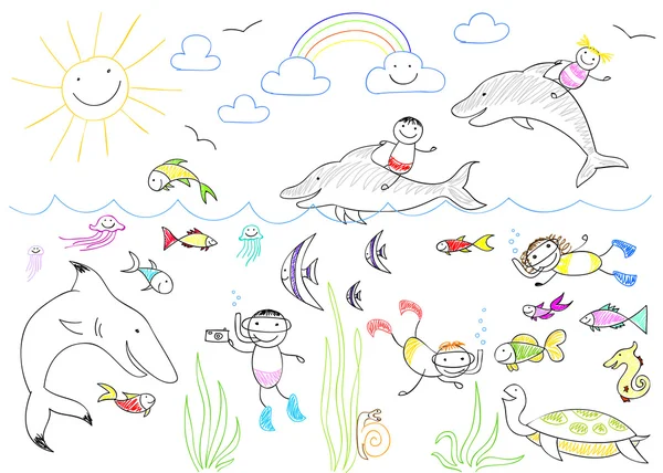 Happy children and sea animals — Stock Photo, Image