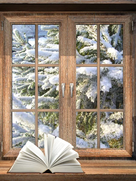 Öppen bok på fönsterbräda — Stockfoto