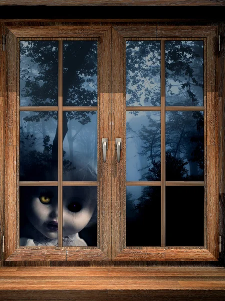 Fantasma de boneca na floresta nebulosa — Fotografia de Stock