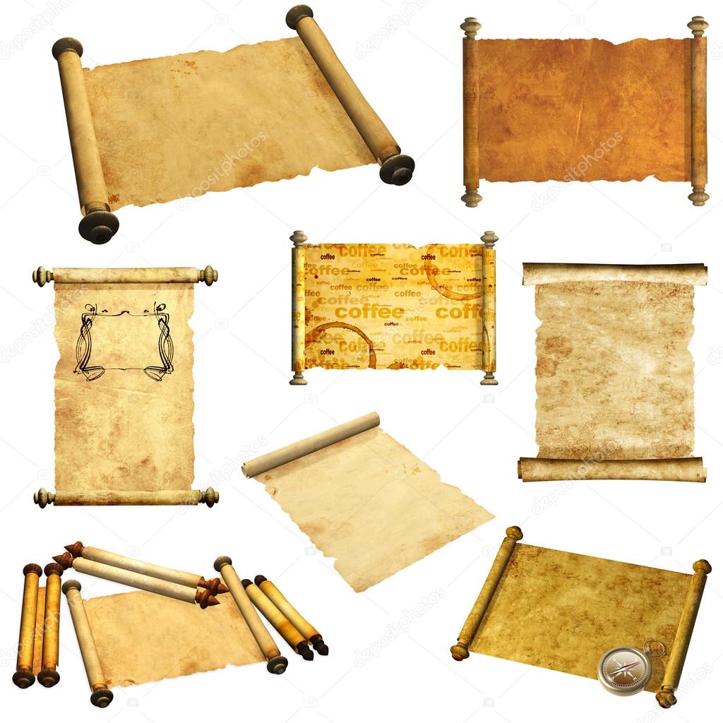 Set of scrolls of old parchment