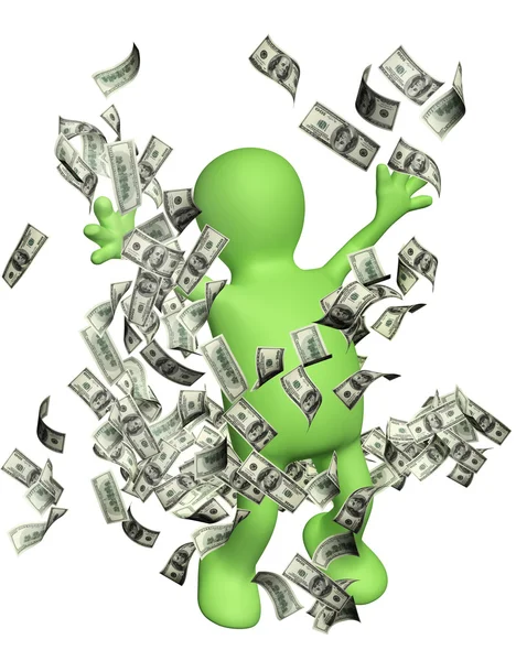 Happy puppet with money — Stock Photo, Image