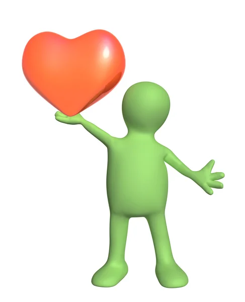 3d puppet, holding in hands red heart — Stock Photo, Image