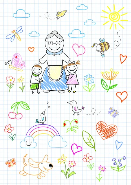 Enfants heureux avec grand-mère — Image vectorielle