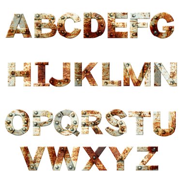 Alphabet - letters from rusty metal with rivets clipart