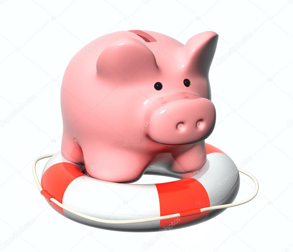 Piggy bank and lifebuoy