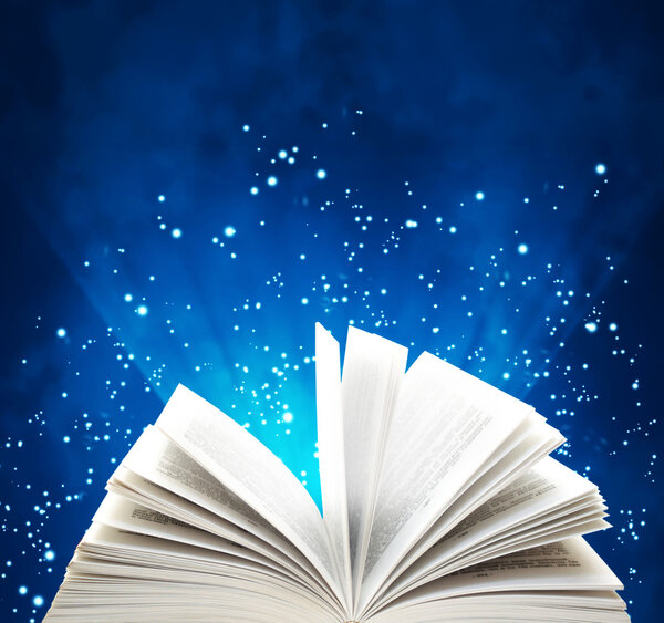 Border with magic book. On blue background
