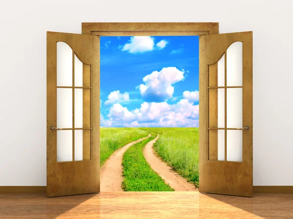 Puerta abierta en el símbolo de la paz de fondo de nubes — Foto de
