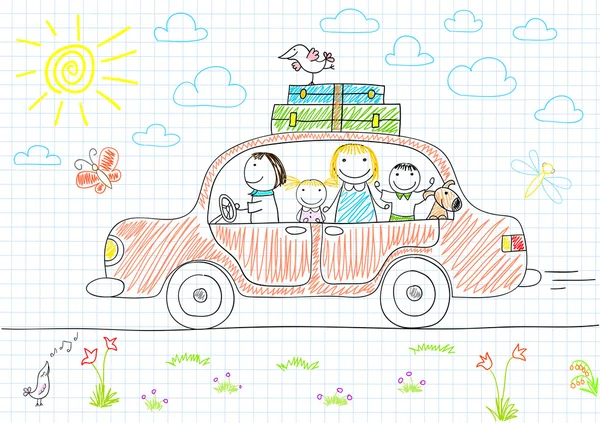 Familia feliz - mamá, papá y dos niños en coche — Archivo Imágenes Vectoriales