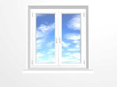 Kapalı pencere ve bulutların üstünde mavi gökyüzü