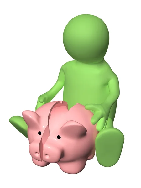 3d man with broken piggy bank — Stock Photo, Image