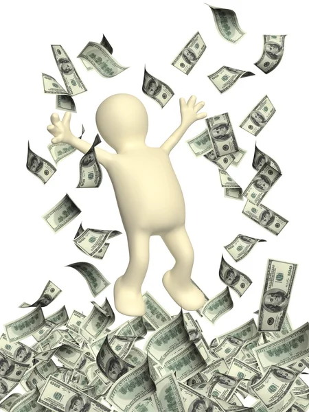 Homem 3d feliz e uma chuva de dinheiro com notas de dólar — Fotografia de Stock