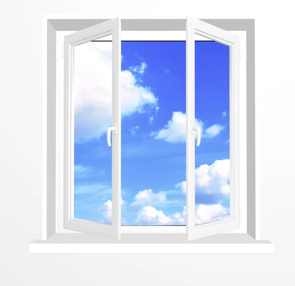Geopend venster en wolken op blauwe hemel — Stockfoto