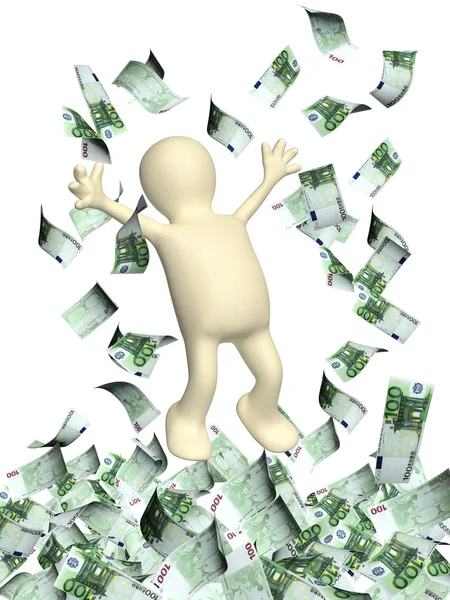 Homem 3d feliz e uma chuva de dinheiro com notas de euro — Fotografia de Stock