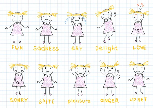 Conjunto de emociones una niña — Archivo Imágenes Vectoriales