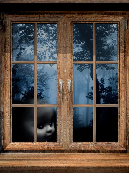 Doll ghost in misty forest — Stock Photo, Image