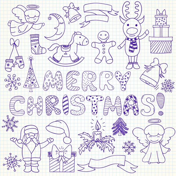 Collection of vector Christmas characters and ornaments in doodl — Stock Vector