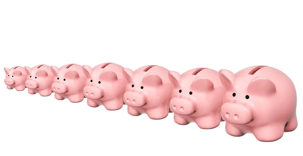 Seven piggy banks from different sizes — Stock Photo, Image