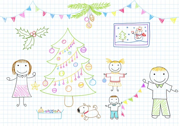 Mom, dad and two children decorates Christmas tree — Stock Vector