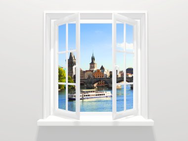 Opened window and view on Charles bridge, Prague, Czech Republic clipart