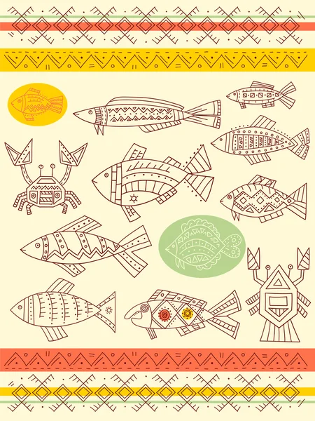Set di modelli etnici vettoriali con pesci, granchi e cancro — Vettoriale Stock