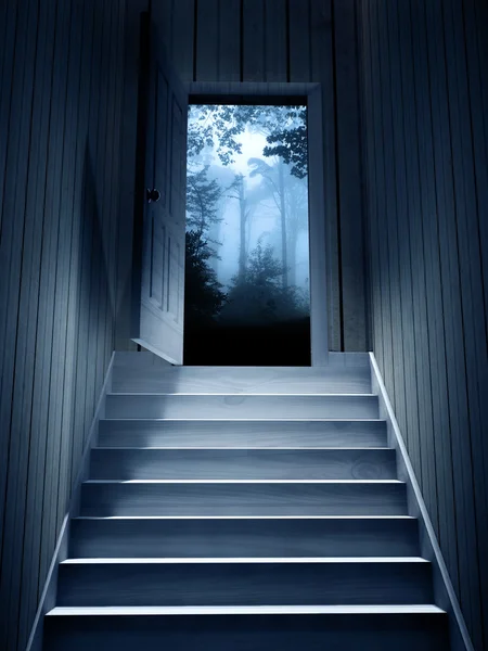 Steps leading from a dark basement to open the door — Stock Photo, Image