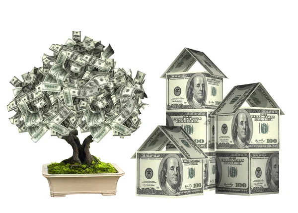 Três casas de notas de dólares e árvore de dinheiro — Fotografia de Stock