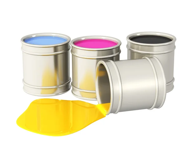 Four bucket with paint of magenta, blue, black and yellow colors — Stock Photo, Image