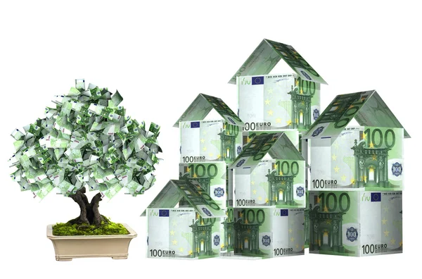 Three houses from euro banknotes and money tree — Stock Photo, Image
