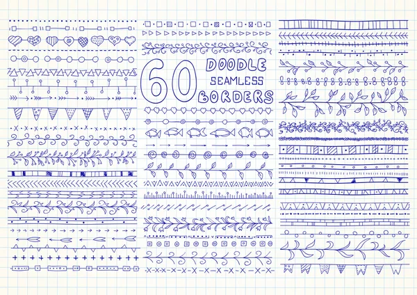 Sammlung von 60 vektornahtlosen Rändern im Doodle-Stil — Stockvektor