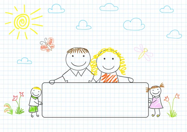 Família feliz - mãe, pai e duas crianças com banner — Vetor de Stock