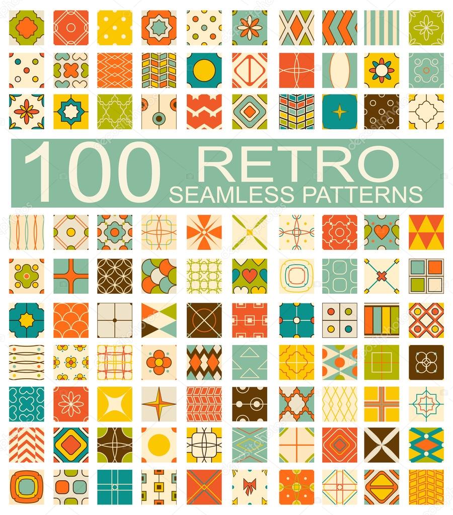 Collection of 100 retro different vector geometric seamless patt