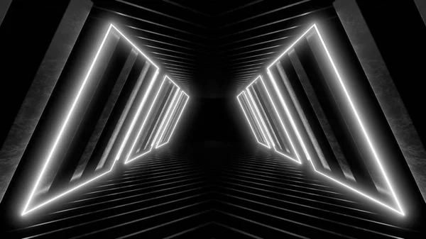 A dark corridor lit by white neon lights. Reflections on the floor and walls. Empty background in the center. 3d rendering image.