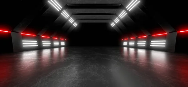 Sci Fy neon lamps in a dark tunnel. Reflections on the floor and walls. Empty background in the center. 3d rendering image.