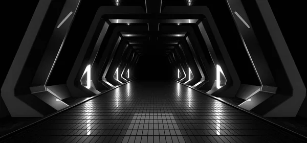 A dark tunnel lit by white neon lights. Reflections on the floor and walls. Empty background in the center. 3d rendering image.