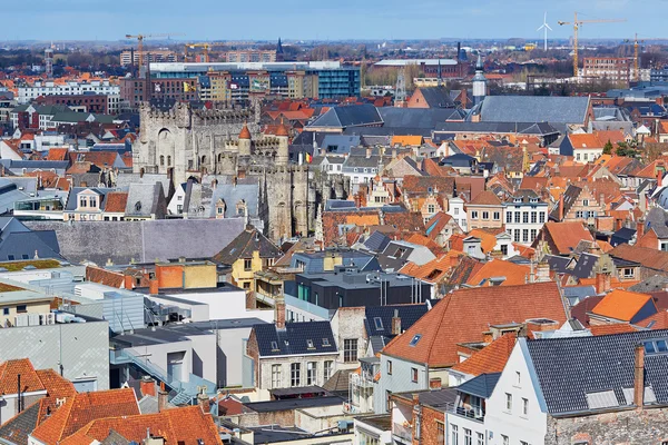 Aerial view on the center of Ghent with Gravensteen castle — Stock Photo, Image