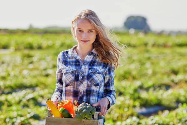 Woman with fresh organic vegetables from farm — Stock Photo, Image