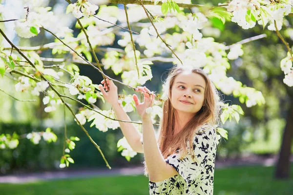 Meisje in kersenbloesem tuin op een lentedag — Stockfoto