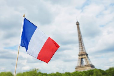 Arka planda Eyfel kulesi ile Paris'te Fransız ulusal bayrağı (üç renkli)