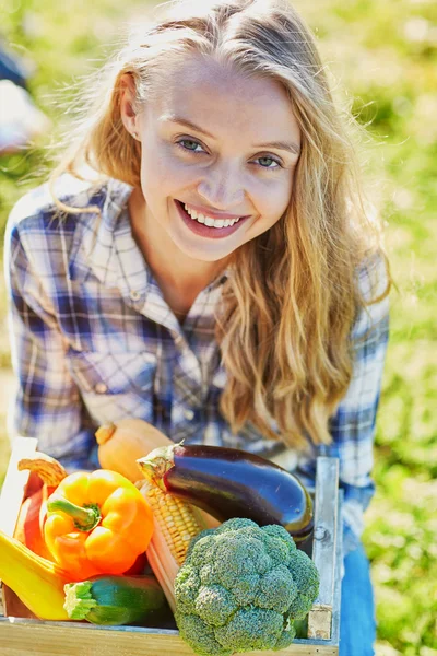 野菜の木枠を持つ女性 — ストック写真